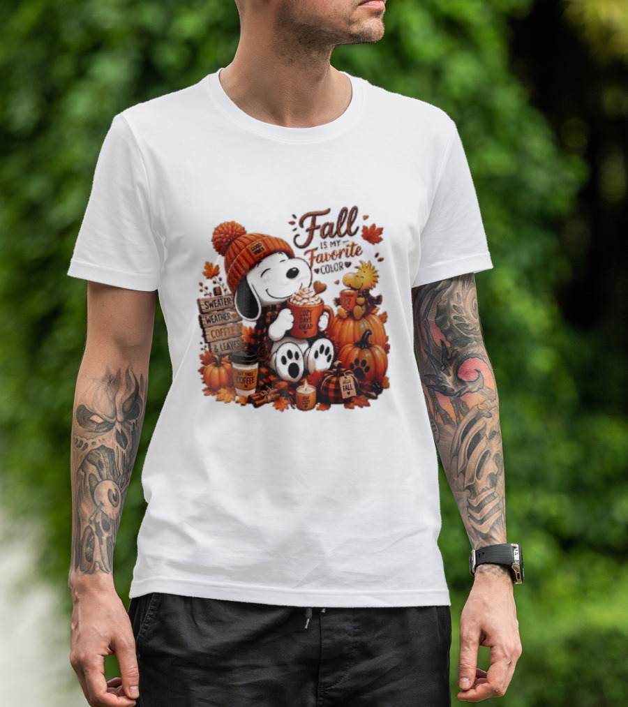 Fall Is My Favorite Color Sweater Weather Coffee Leaves Cozy Days Cartoon Dog Bird Pumpkins T-Shirt