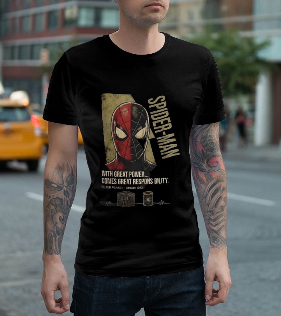 Spider Man With Great Power Comes Great Responsibility Peter Parker Origin 1962 Split Mask T-Shirt