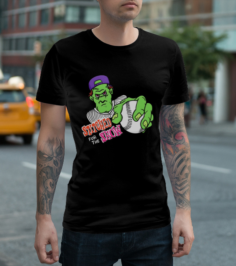Stitched For The Show Baseball Monster Pitcher Cartoon T-Shirt