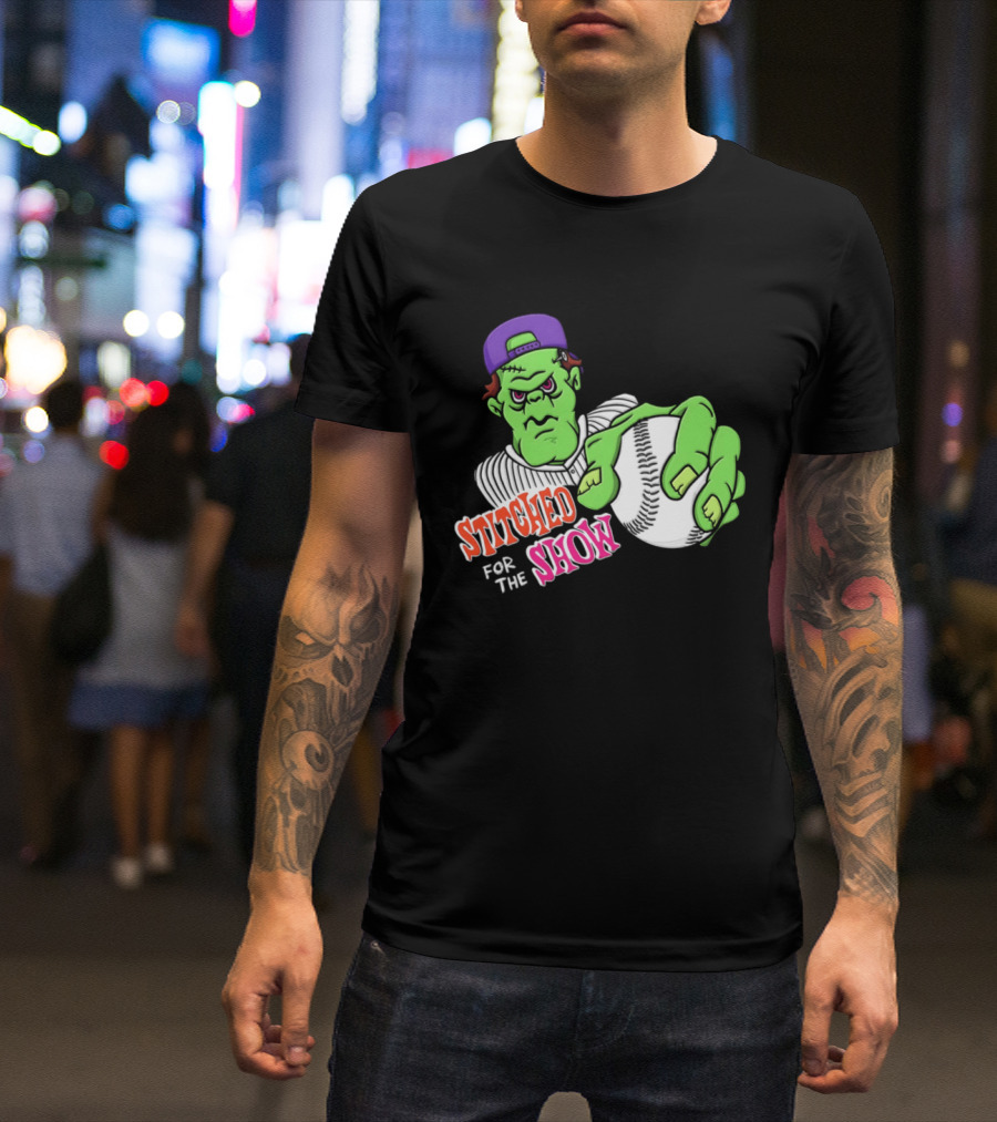 Stitched For The Show Baseball Monster Pitcher Cartoon T-Shirt
