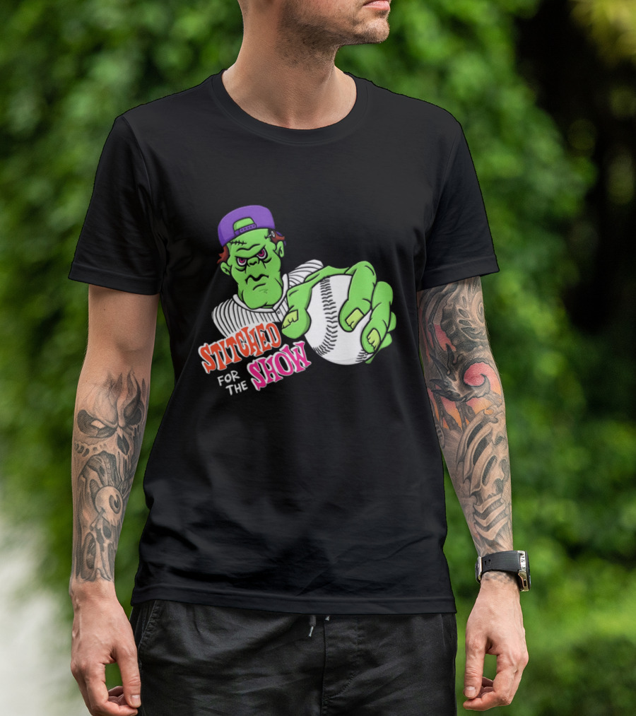 Stitched For The Show Baseball Monster Pitcher Cartoon T-Shirt