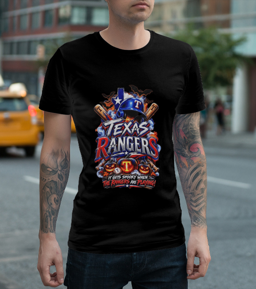 Texas Rangers Spooky Halloween Baseball Bats And Pumpkins T-Shirt