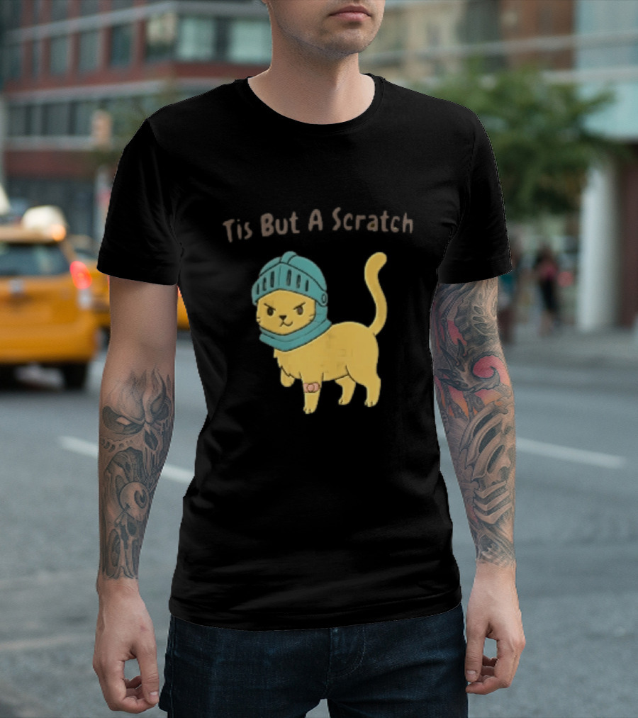 Tis But A Scratch Cartoon Cat Knight Helmet Bandage T-Shirt