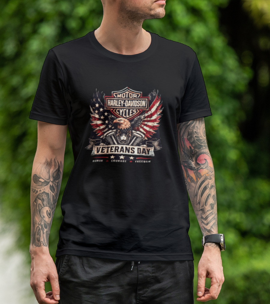 Veterans Day Harley Davidson Motor Cycles Honor Courage Freedom Eagle Wings T-Shirt