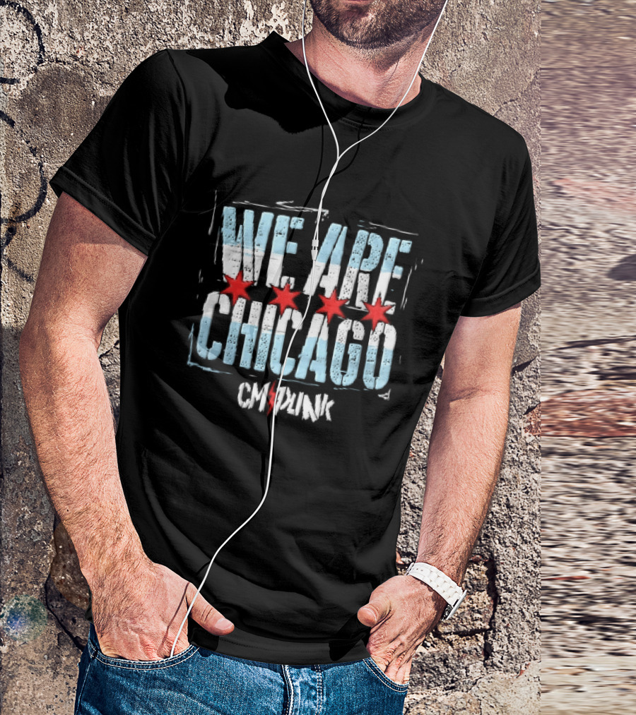 We Are Chicago CM Punk Four Red Stars Light Blue Stripes Distressed T-Shirt