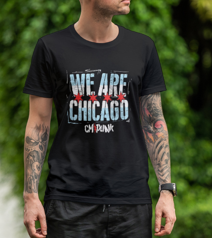We Are Chicago CM Punk Four Red Stars Light Blue Stripes Distressed T-Shirt