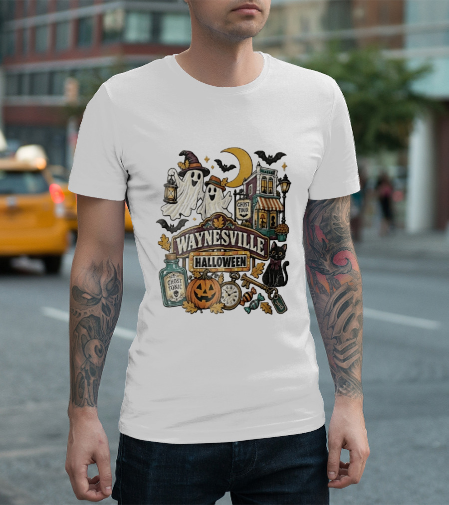 Waynesville Halloween Ghost Tour Ohio Cartoon Pumpkin Black Cat Crescent Moon Ghost Tonic Key T-Shirt