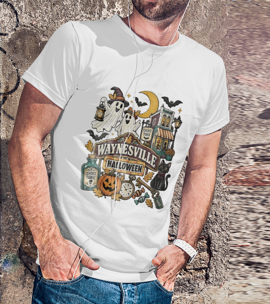 Waynesville Halloween Ghost Tour Ohio Cartoon Pumpkin Black Cat Crescent Moon Ghost Tonic Key T-Shirt