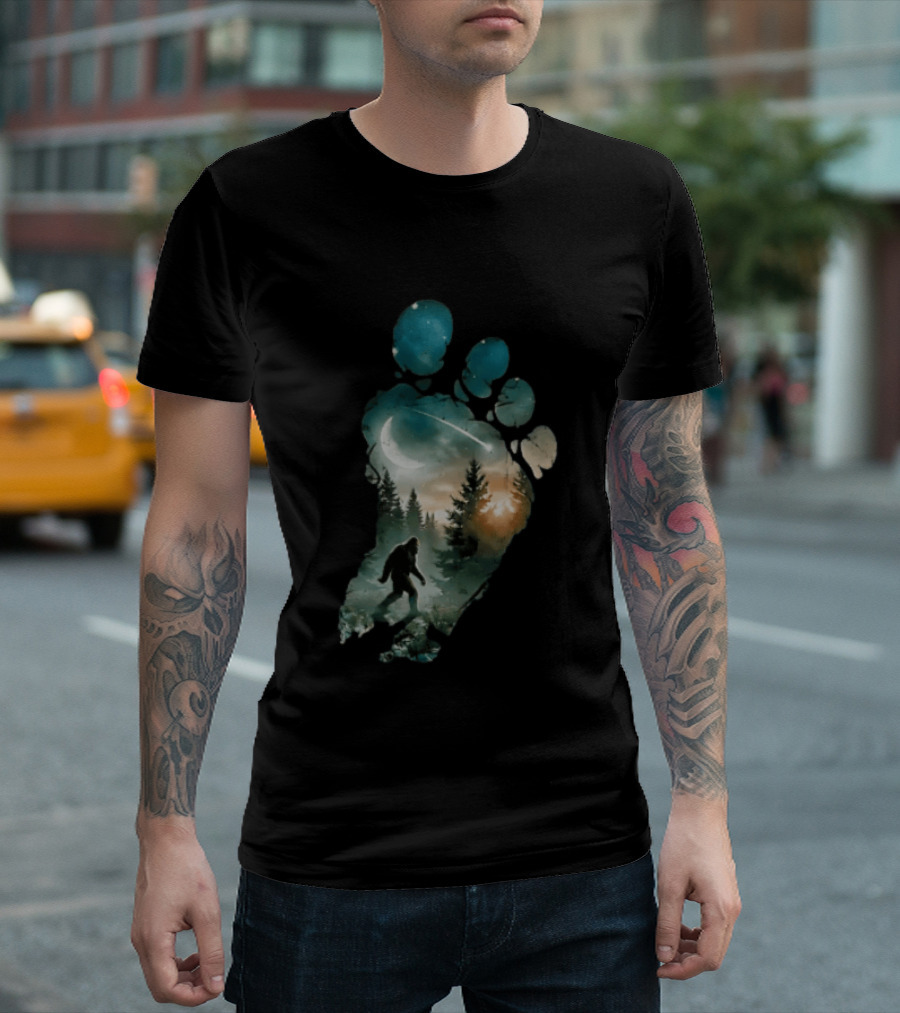 Bigfoot Footprint Moon Mountain Trees Forest Sasquatch Night Scene T-Shirt