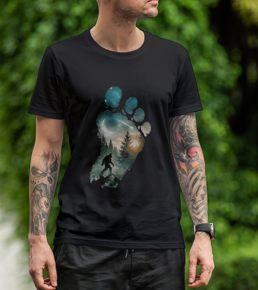 Bigfoot Footprint Moon Mountain Trees Forest Sasquatch Night Scene T-Shirt