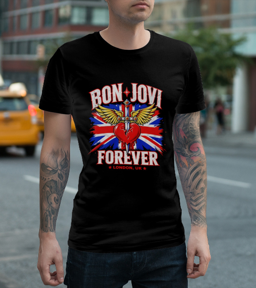 Bon Jovi Forever London UK Tour Union Jack Heart And Dagger Wings T-Shirt