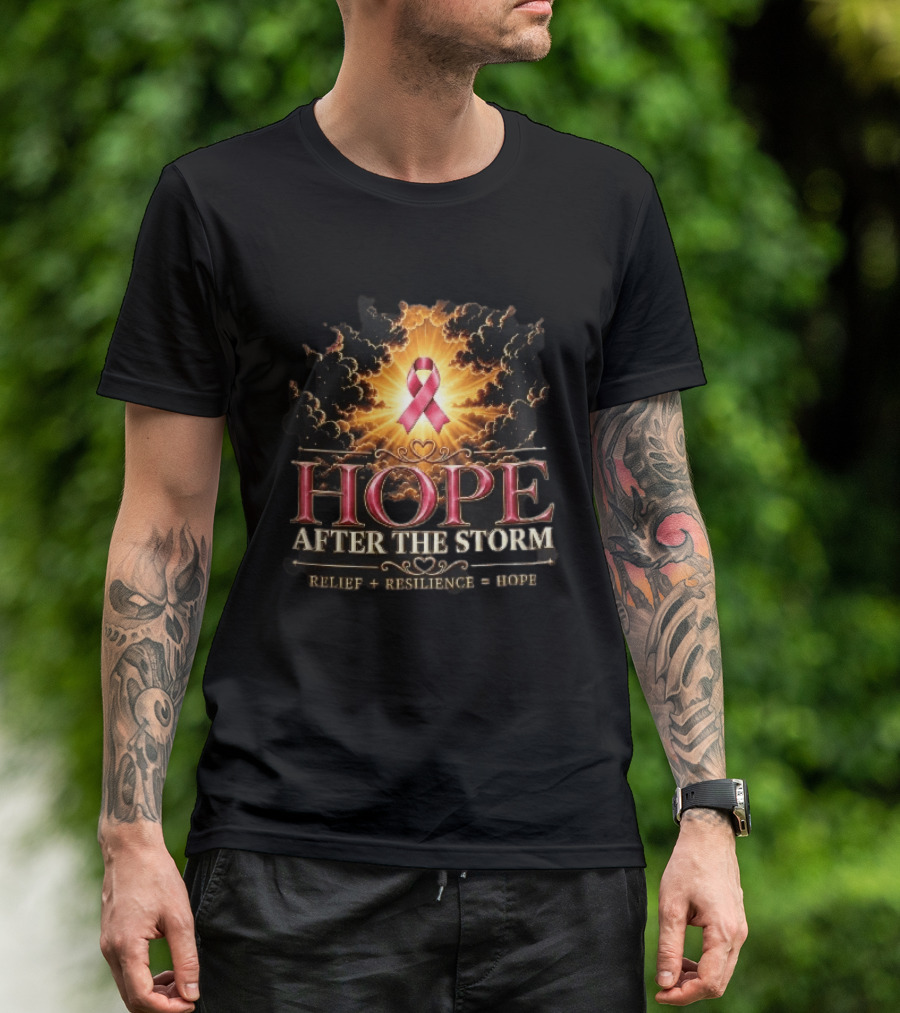 Hope After The Storm Relief Resilience Pink Breast Cancer Ribbon Clouds Sunburst Rays T-Shirt