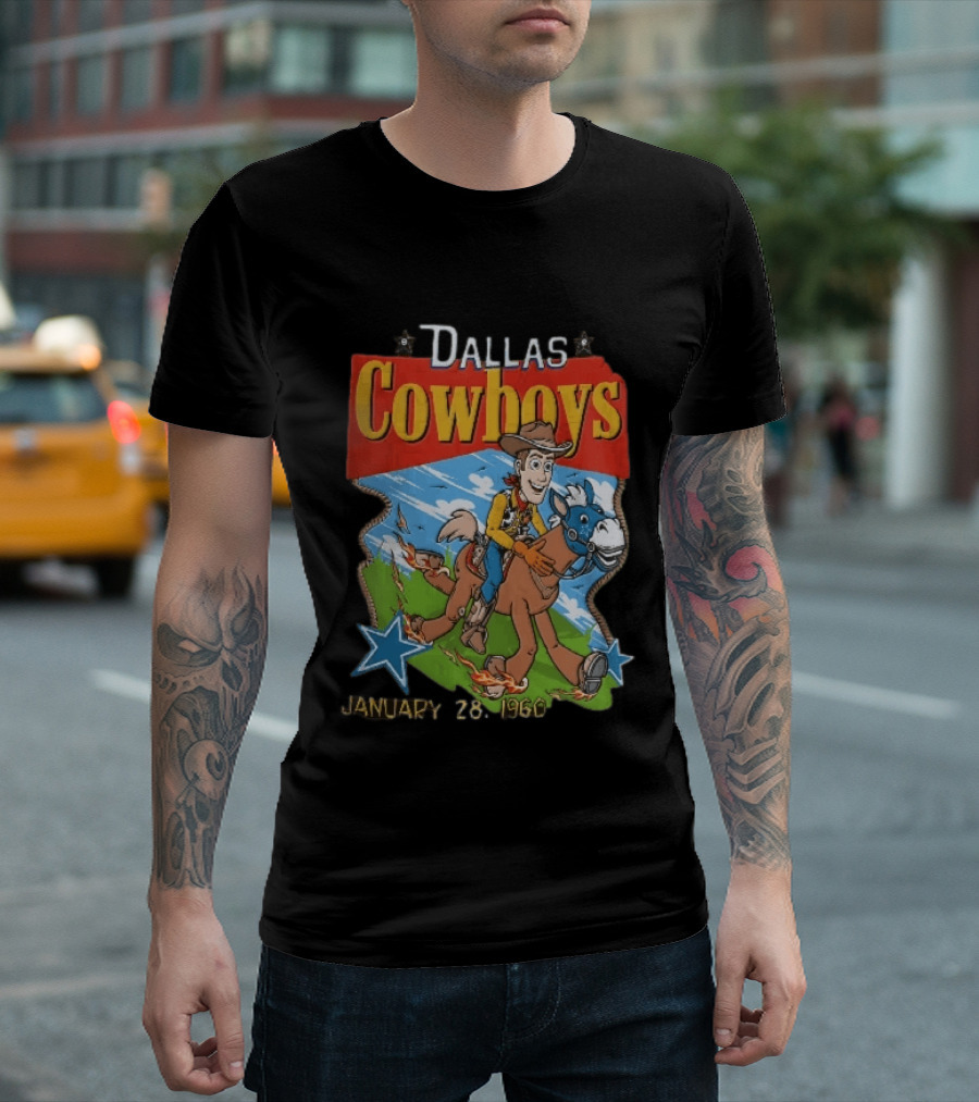 Dallas Cowboys Woody Riding Toy Horse Flames Stars January 28 1960 T-Shirt