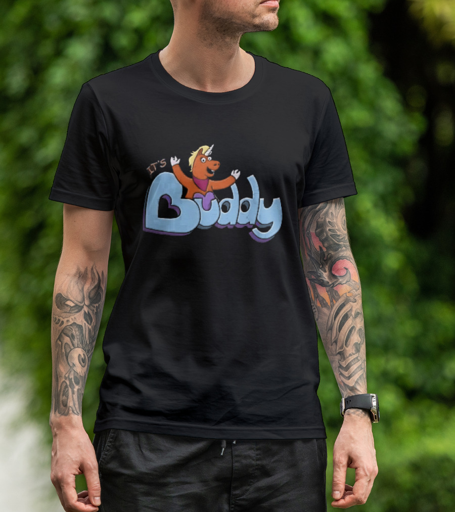 Its Buddy Cartoon Orange Unicorn Horse Purple Scarf Raised Arms T-Shirt