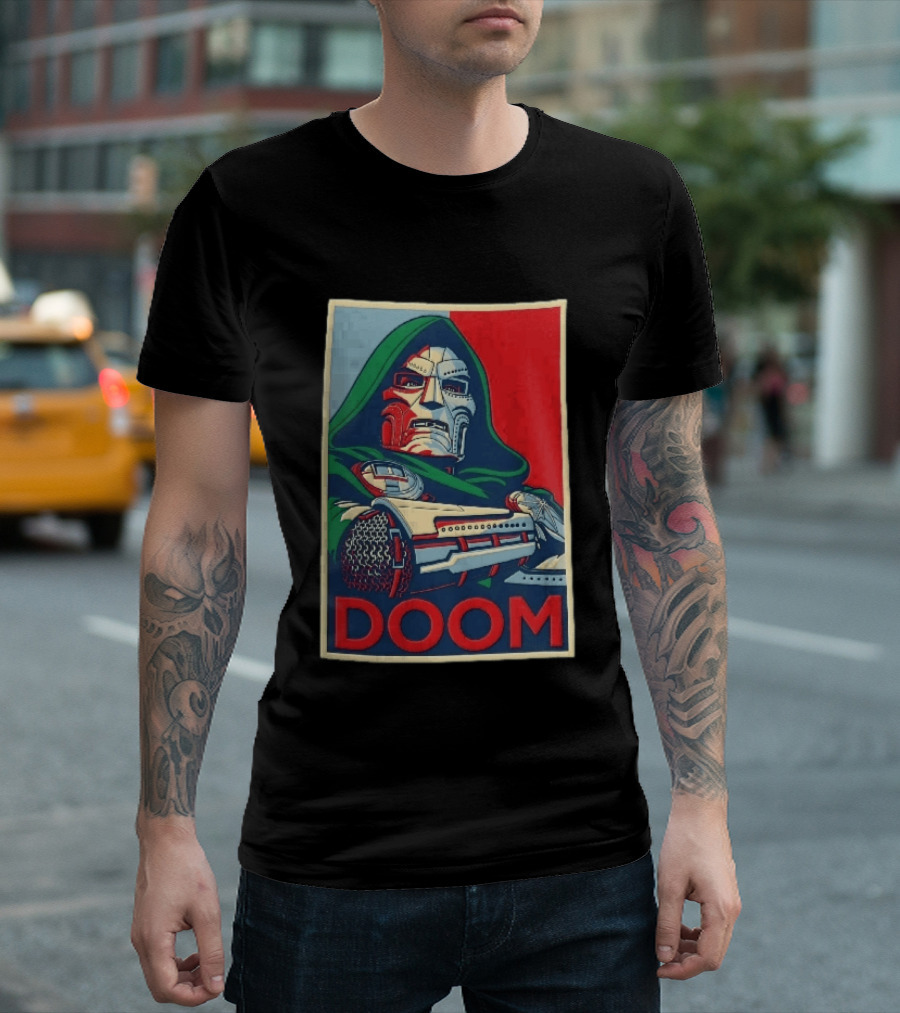 Doom Supervillain Mask Hooded Armored Gauntlets Red Blue T-Shirt