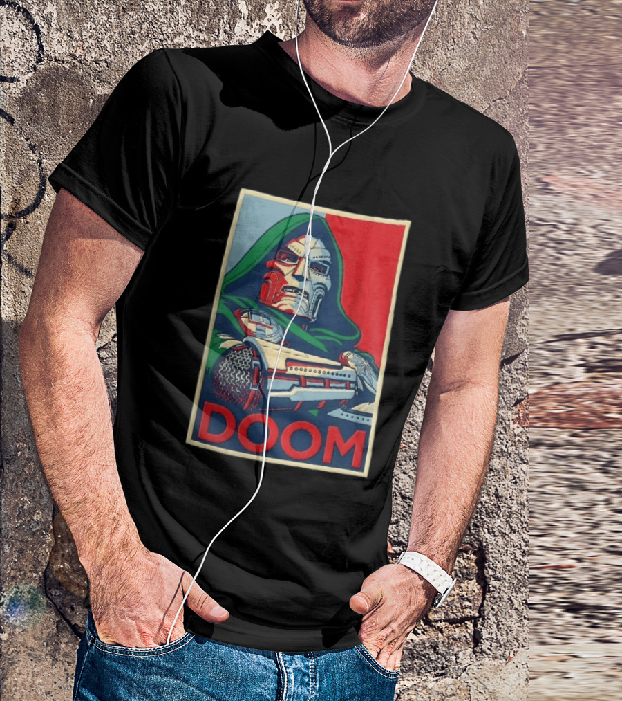 Doom Supervillain Mask Hooded Armored Gauntlets Red Blue T-Shirt