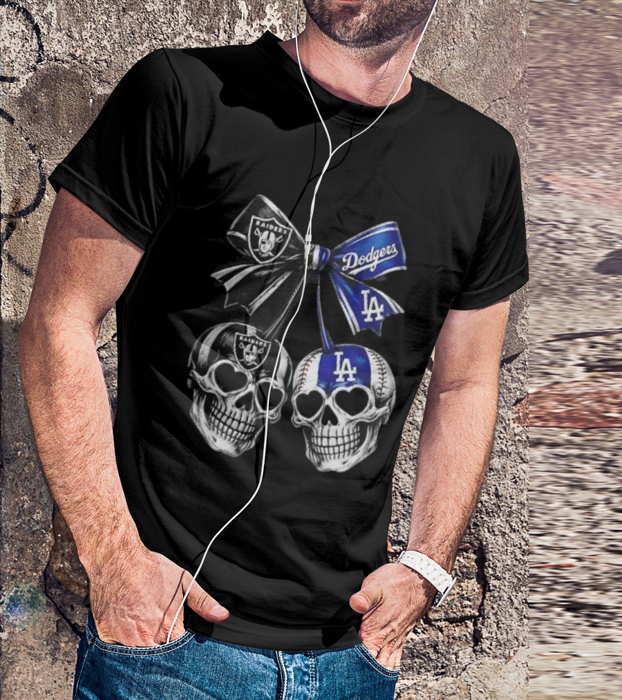 Las Vegas Raiders Los Angeles Dodgers MLB Skulls Cherry Heart Eye Sockets Bow Ribbon T-Shirt