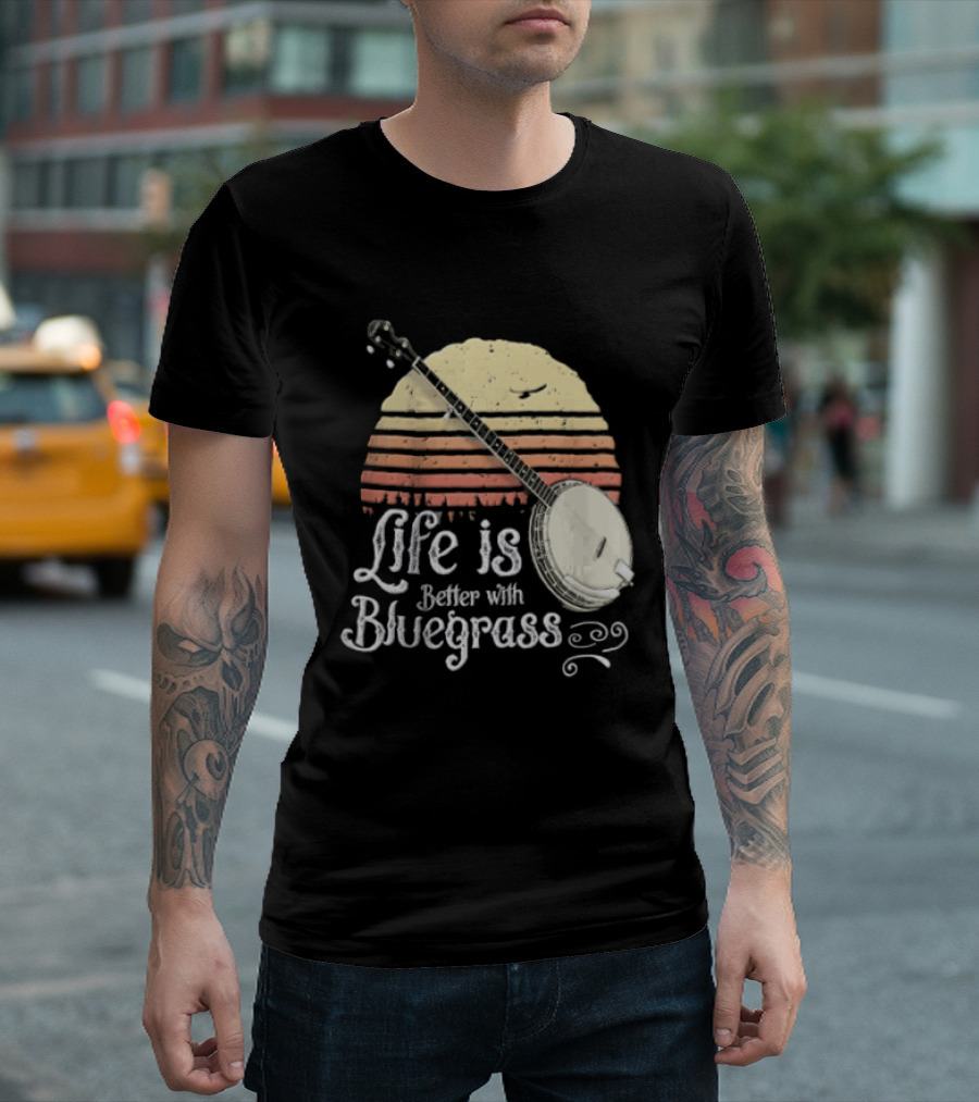 Life Is Better With Bluegrass Vintage Sunset Banjo T-Shirt