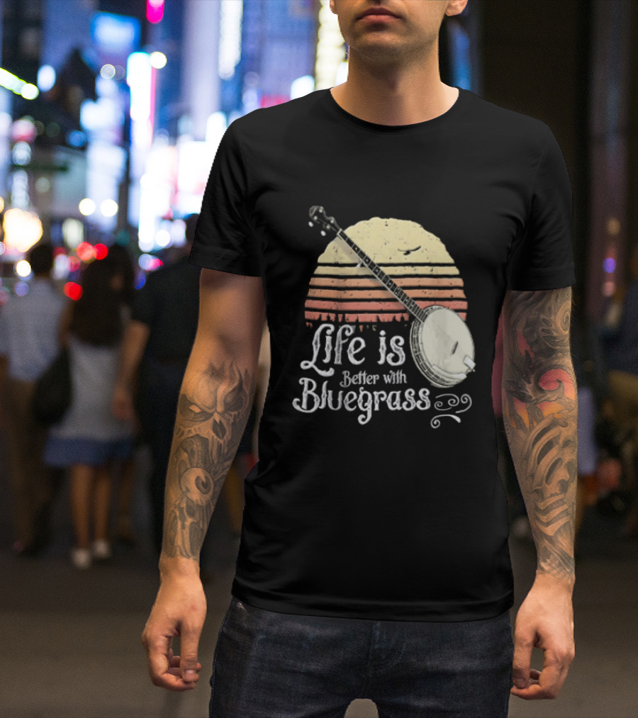 Life Is Better With Bluegrass Vintage Sunset Banjo T-Shirt