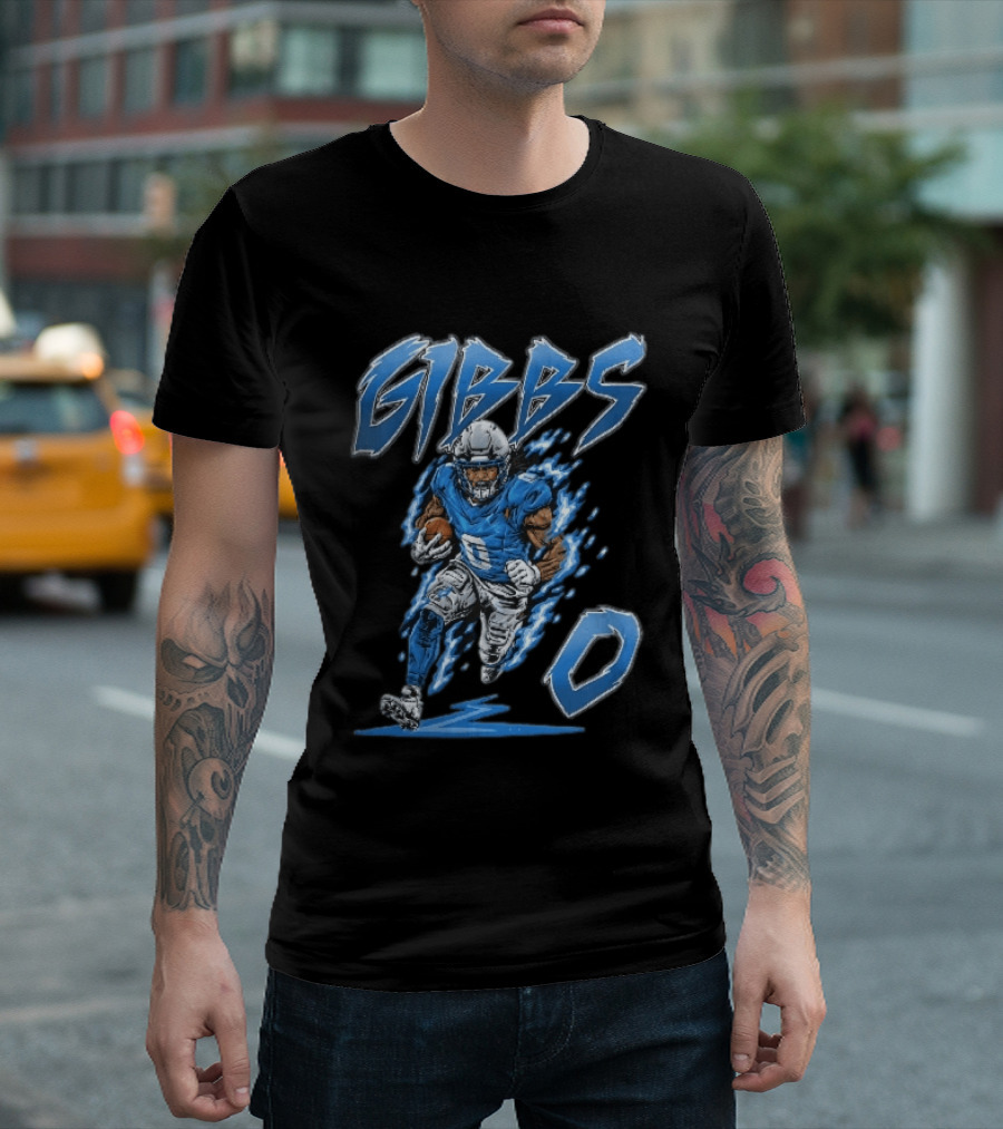 Gibbs 0 Blue Energy Lightning Running Football Player Cartoon T-Shirt
