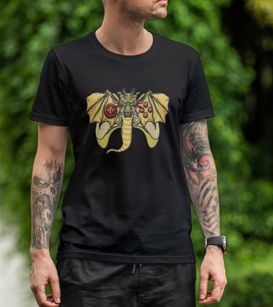 Green Chinese Dragon Head Gamepad Controller Wings Tail Cartoon Gamer Fun T-Shirt