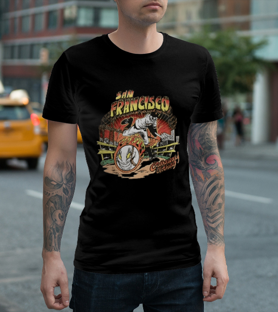 San Francisco Giants Skeleton Pitcher Flaming Baseball Golden Gate Bridge Carraway Clothing T-Shirt