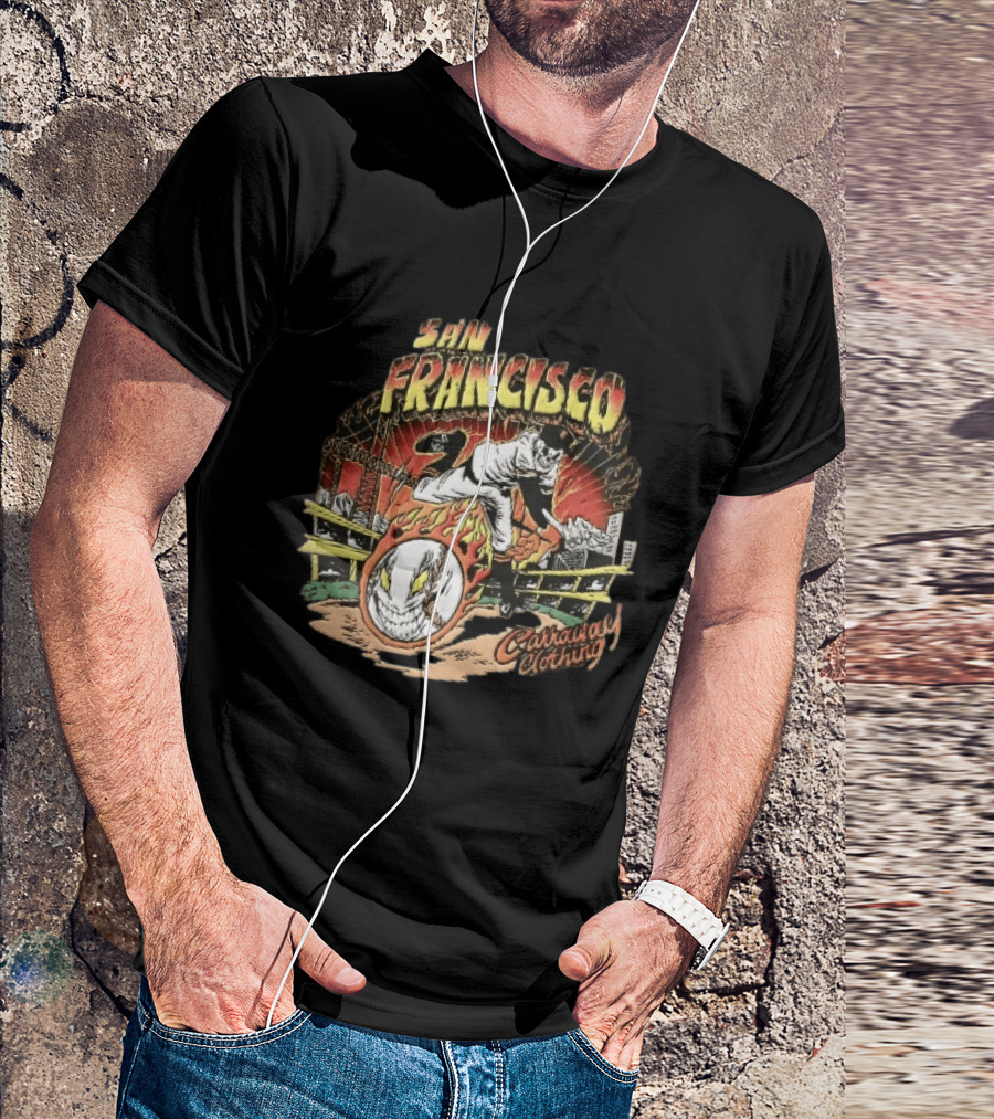 San Francisco Giants Skeleton Pitcher Flaming Baseball Golden Gate Bridge Carraway Clothing T-Shirt