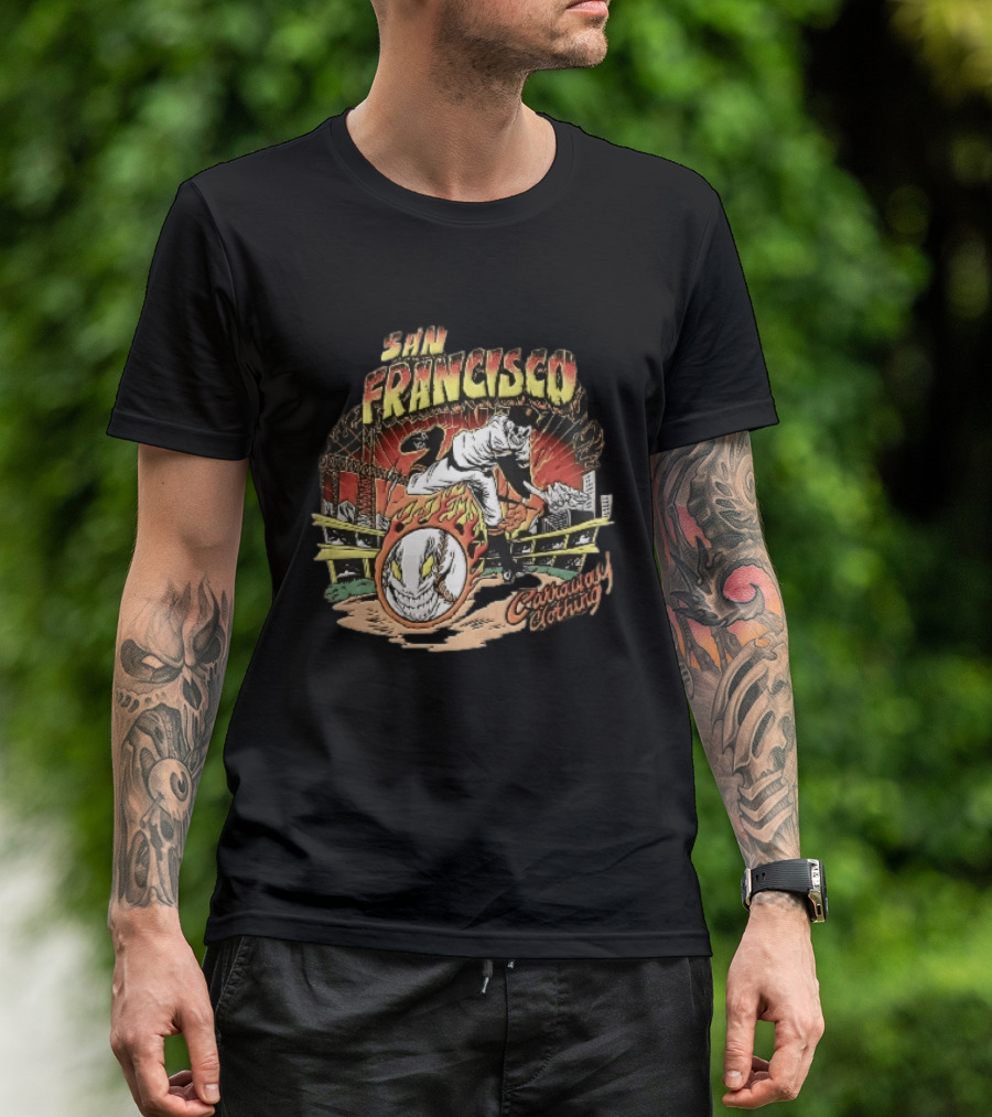 San Francisco Giants Skeleton Pitcher Flaming Baseball Golden Gate Bridge Carraway Clothing T-Shirt