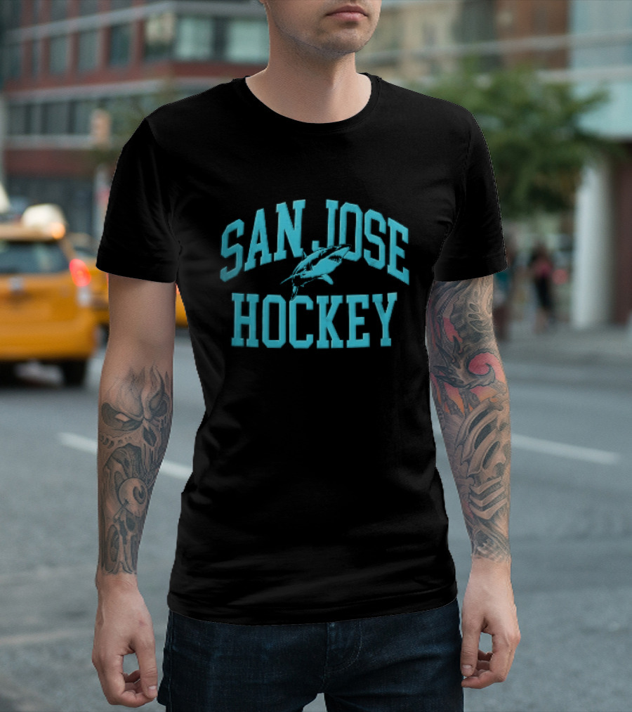 San Jose Hockey Great White Shark Arched Teal Halftone T-Shirt