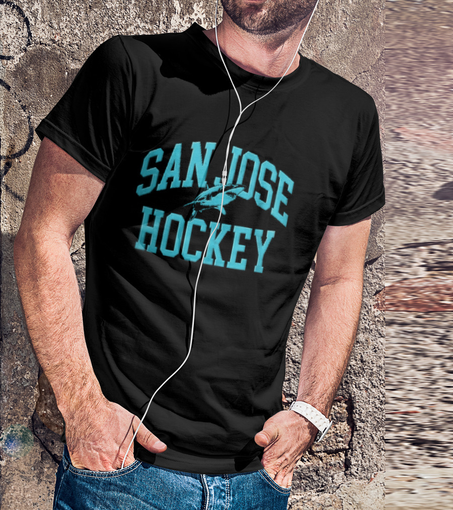 San Jose Hockey Great White Shark Arched Teal Halftone T-Shirt