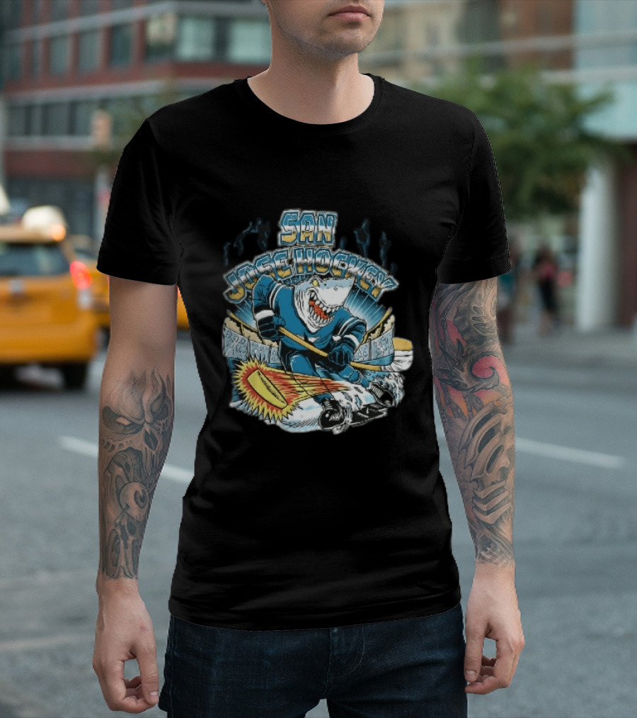 San Jose Hockey Cartoon Skating Shark Flaming Puck Ice Rink T-Shirt
