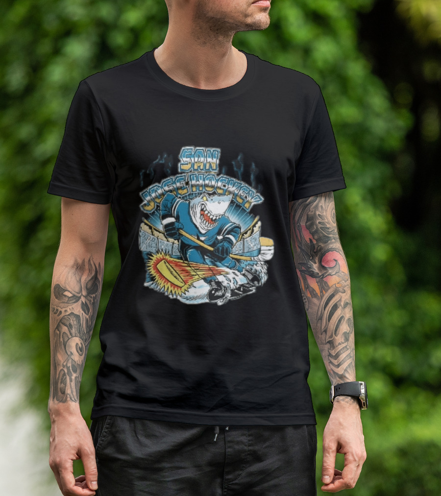 San Jose Hockey Cartoon Skating Shark Flaming Puck Ice Rink T-Shirt