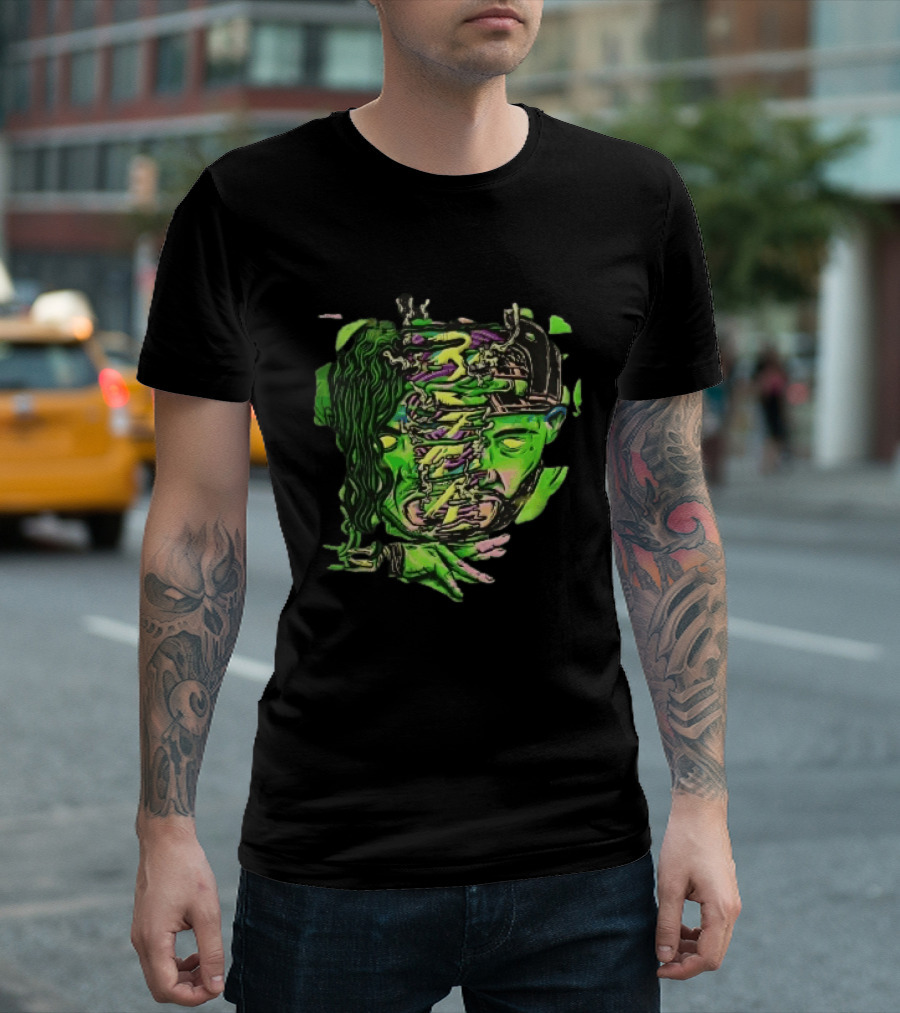Split Green Head Glowing Yellow Eyes Neon Cartoon Halftone T-Shirt