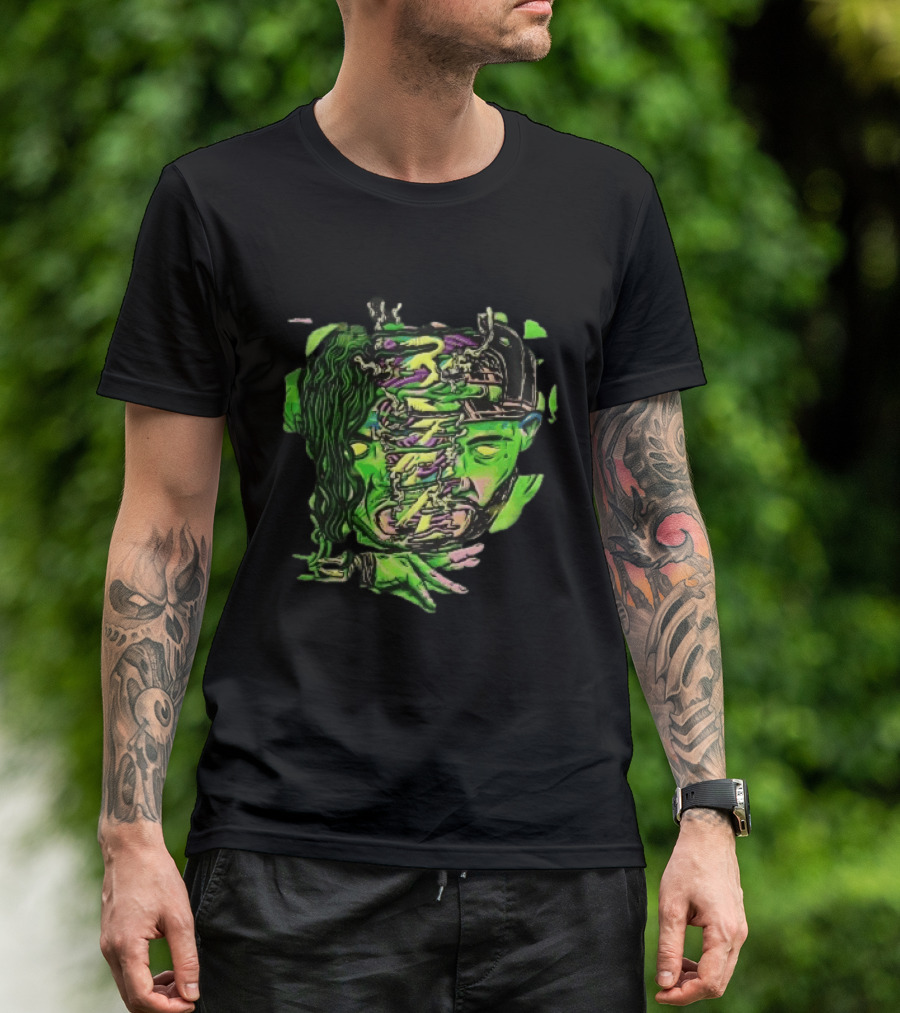 Split Green Head Glowing Yellow Eyes Neon Cartoon Halftone T-Shirt