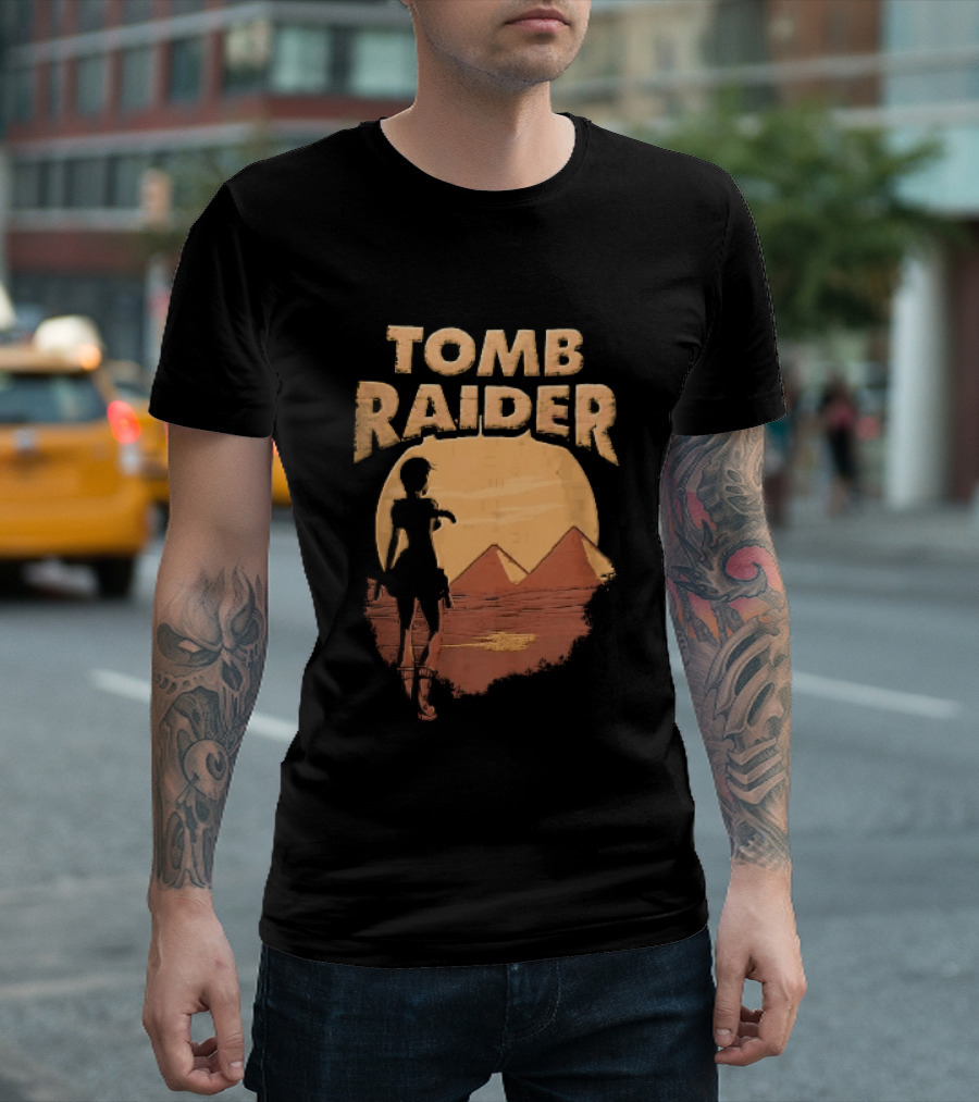 Tomb Raider Lara Croft Pyramids Desert Sunset Scene T-Shirt