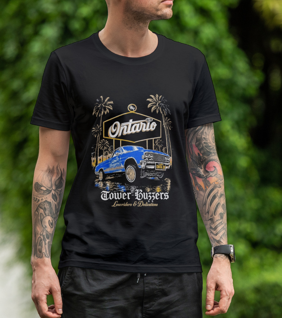 Ontario Tower Buzzers Lowrider Dedication Retro Car Scene T-Shirt