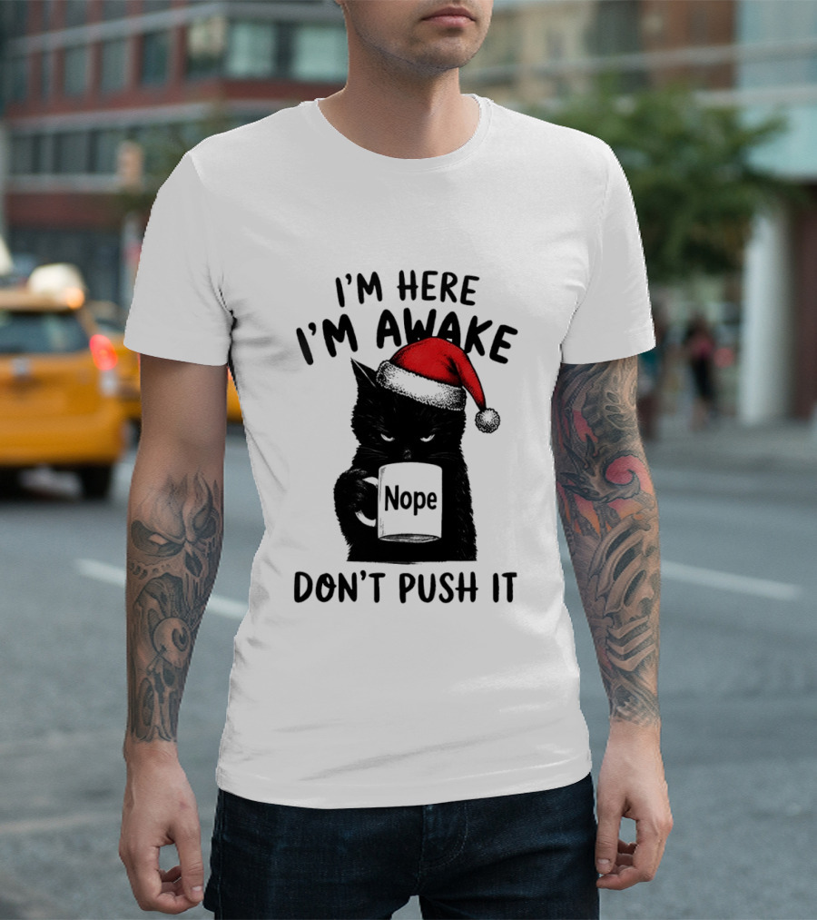 Black Cat Santa I'm Here I'm Awake Nope Don't Push It Holiday T-Shirt