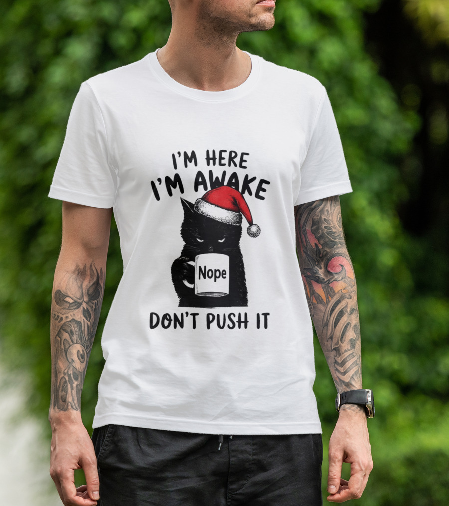 Black Cat Santa I'm Here I'm Awake Nope Don't Push It Holiday T-Shirt