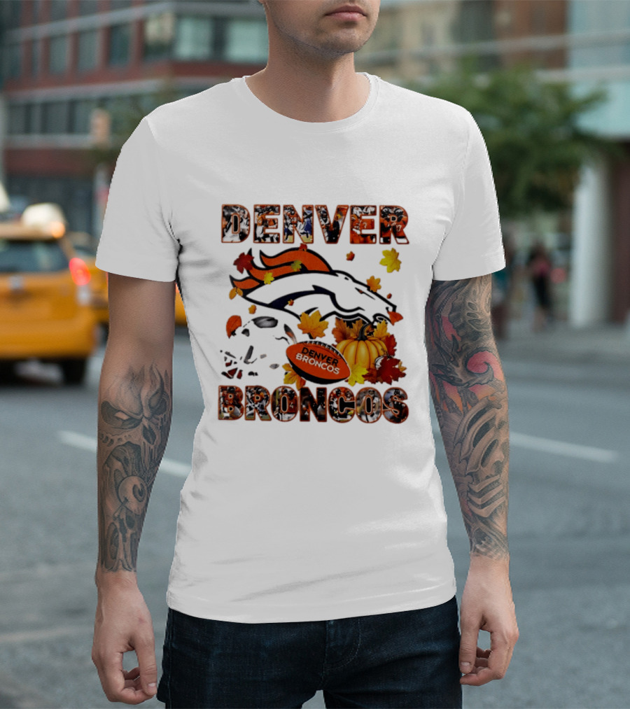 Denver Broncos Football Autumn Fall Leaves Pumpkin Halloween 2026 T-Shirt