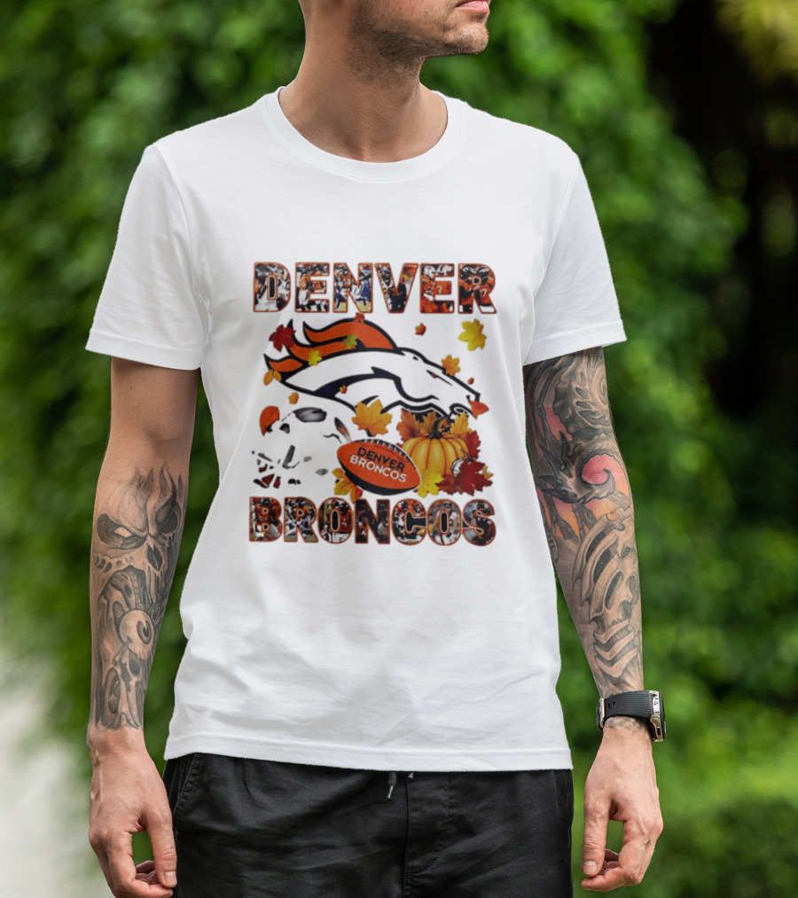 Denver Broncos Football Autumn Fall Leaves Pumpkin Halloween 2026 T-Shirt