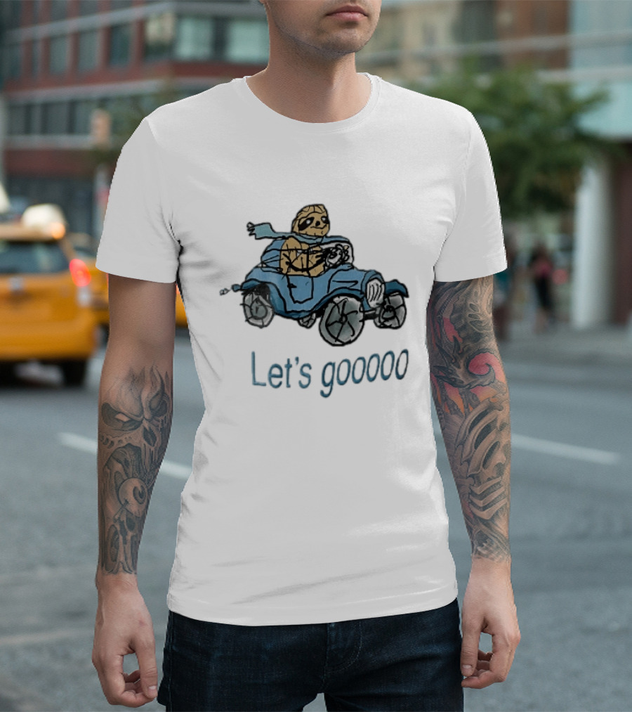Let's Gooooo Cartoon Sloth Scarf Driving Blue Car Sketch T-Shirt