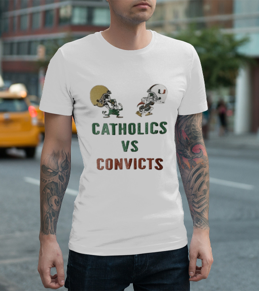 Notre Dame Fighting Irish Vs Miami Hurricanes Catholics Vs Convicts Cartoon Caricature T-Shirt