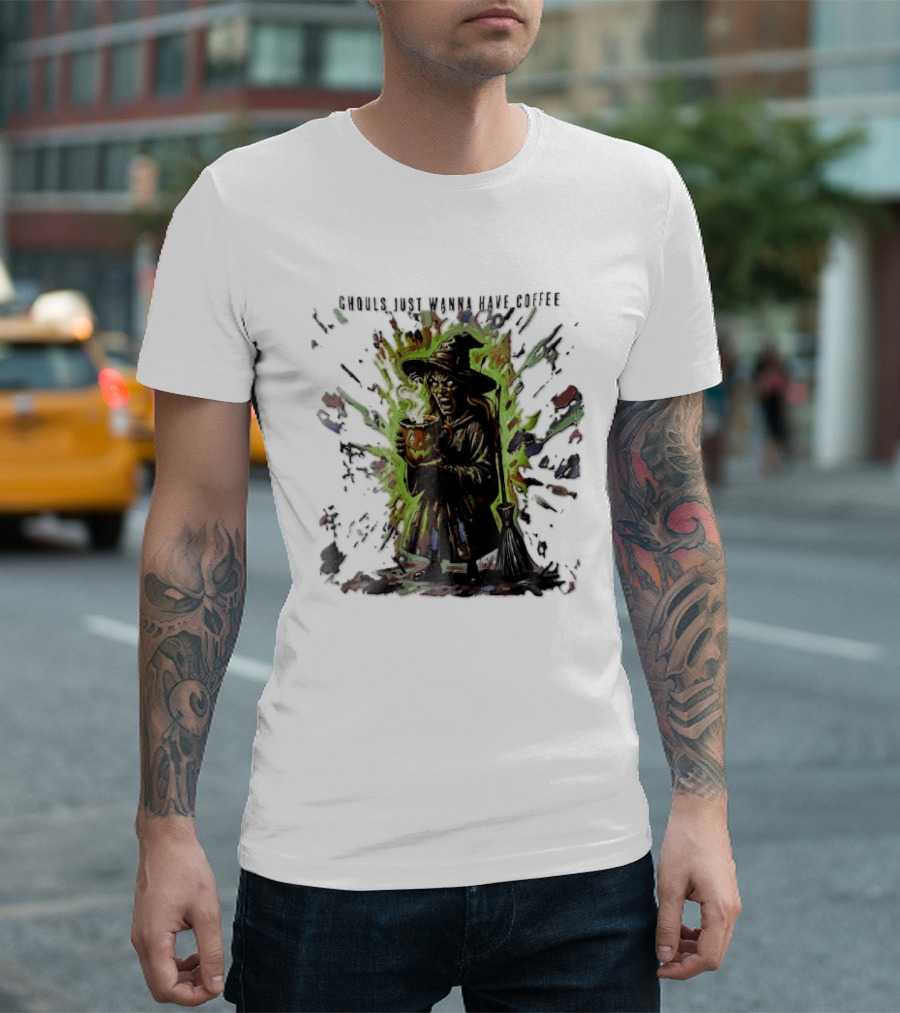 Ghouls Just Wanna Have Coffee Witch With Pumpkin And Broom Colorful Splatter T-Shirt