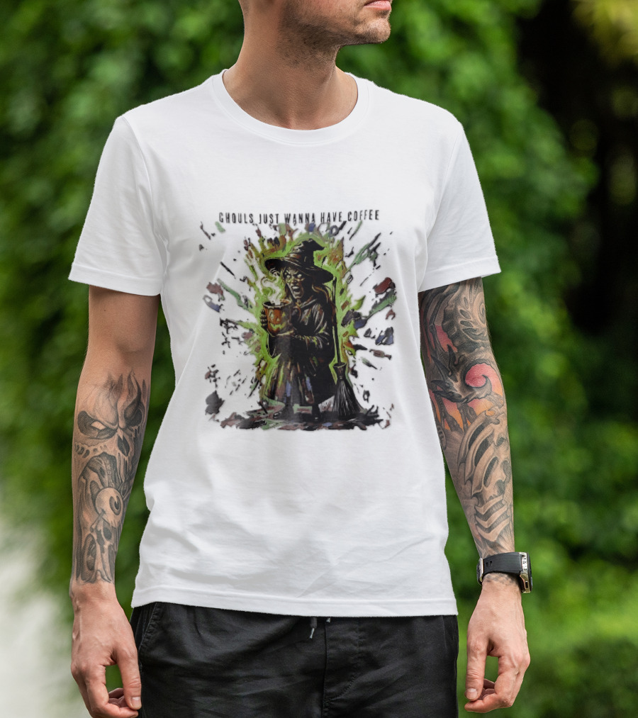 Ghouls Just Wanna Have Coffee Witch With Pumpkin And Broom Colorful Splatter T-Shirt