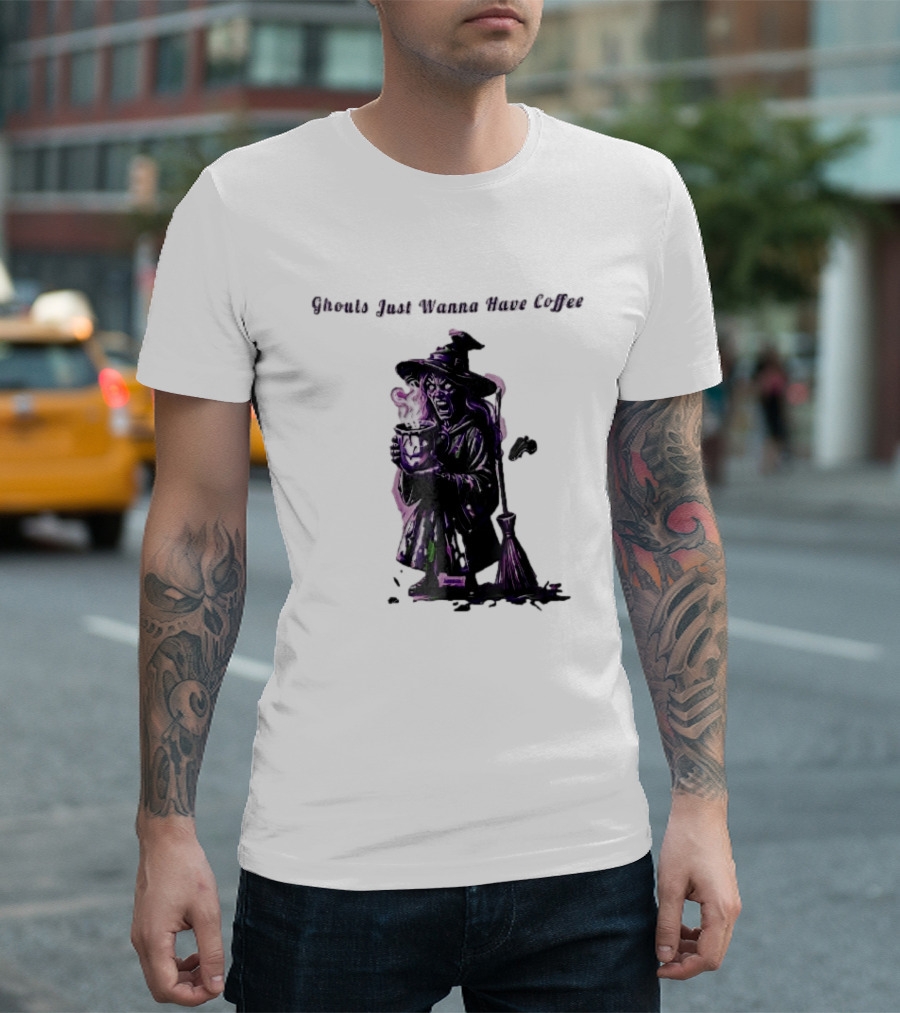Ghouls Just Wanna Have Coffee Witch Holding Steaming Broomstick T-Shirt