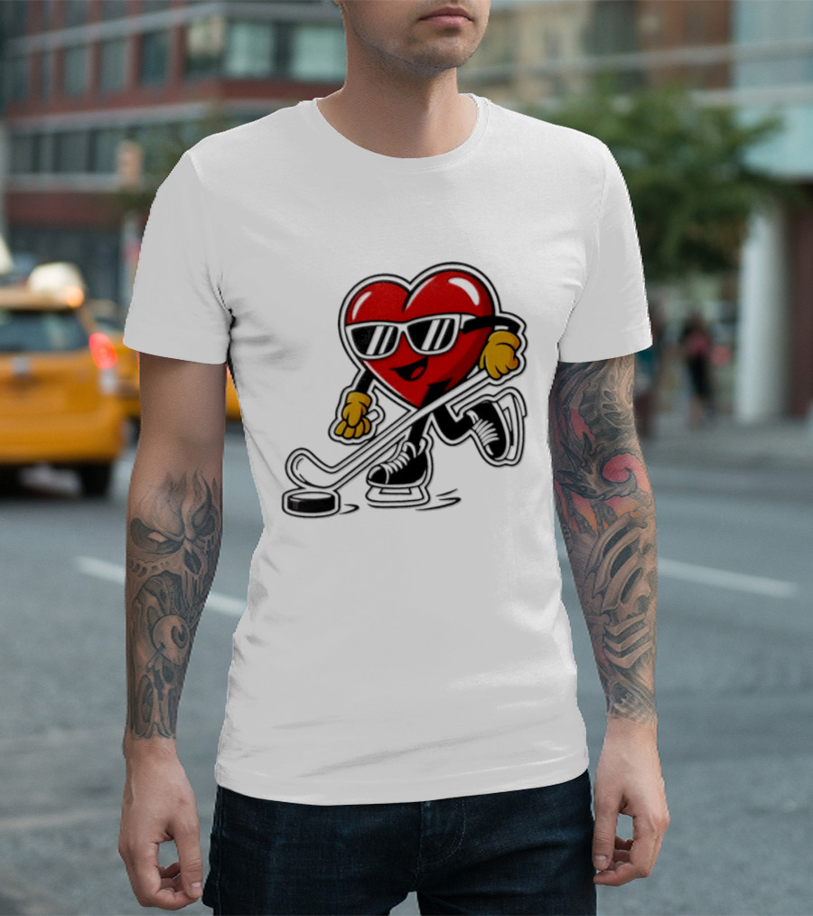I Love Hockey Heart Character With Sunglasses And Stick T-Shirt