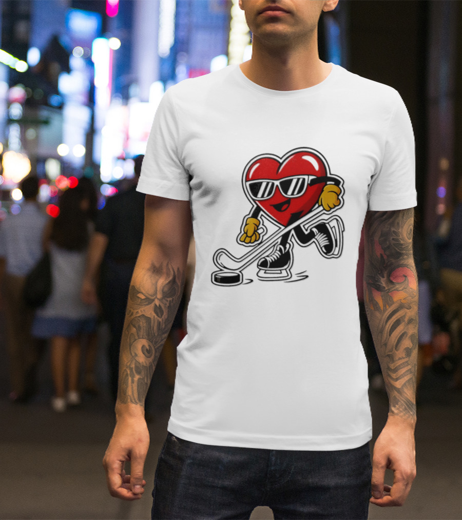I Love Hockey Heart Character With Sunglasses And Stick T-Shirt