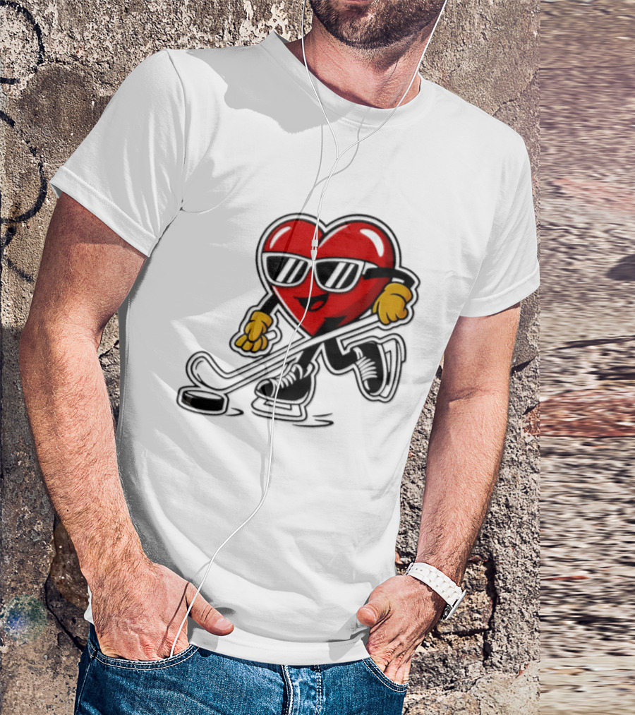 I Love Hockey Heart Character With Sunglasses And Stick T-Shirt