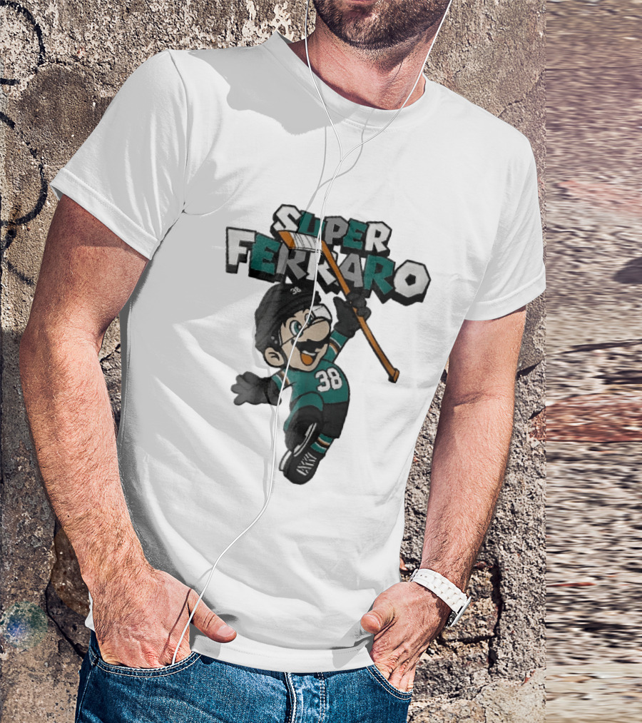 Super Ferraro Mario 38 Ice Hockey Player Jumping Stick Cartoon Caricature T-Shirt