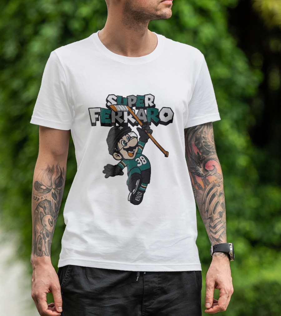 Super Ferraro Mario 38 Ice Hockey Player Jumping Stick Cartoon Caricature T-Shirt
